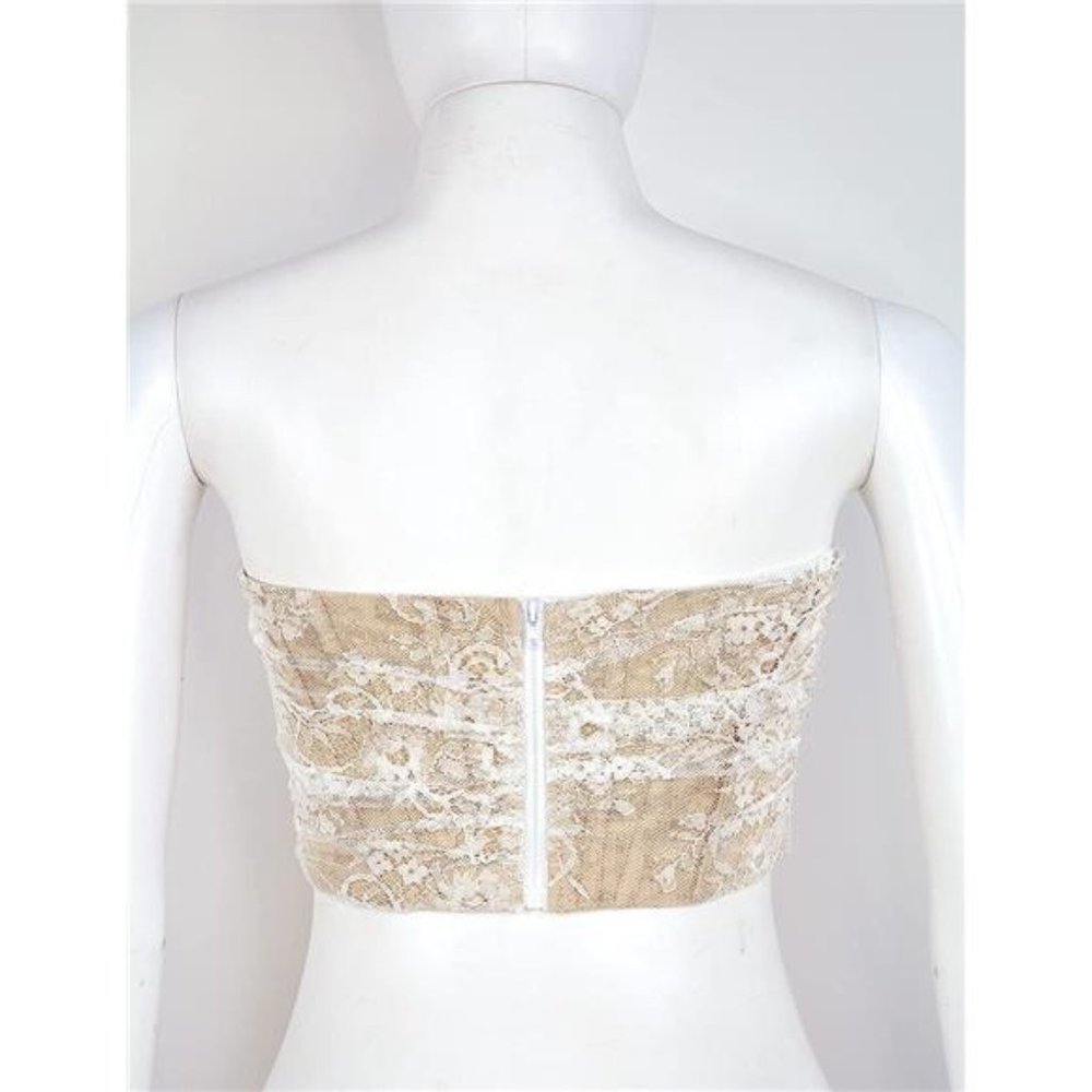 Tan White Sexy Strapless Floral Lace Bustier Corset Crop Top Backless Boned Y2K - Picture 5 of 6